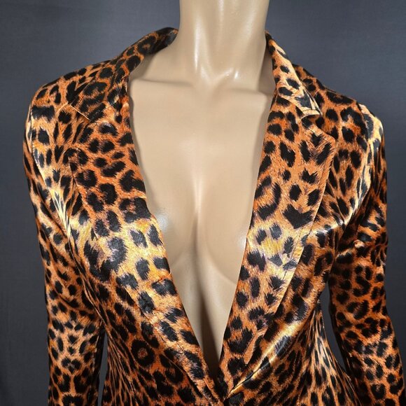 Vintage 90s Satin Leopard Print Blazer Size XS Rocker Punk Emo Grunge Indie - Picture 4 of 12